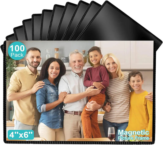 100 Pcs Magnetic Photo Frames for Refrigerator, 4x6 Inch Reusable Black Frames with Strong Magnets, UV Protection