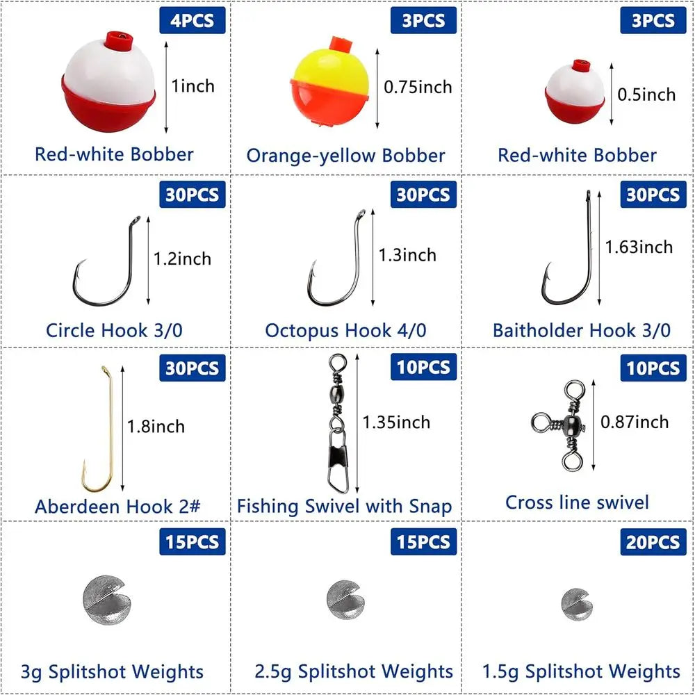 Essential 200-Piece Fishing Kit: Hooks, Bobbers, Tackle for Freshwater Fishing