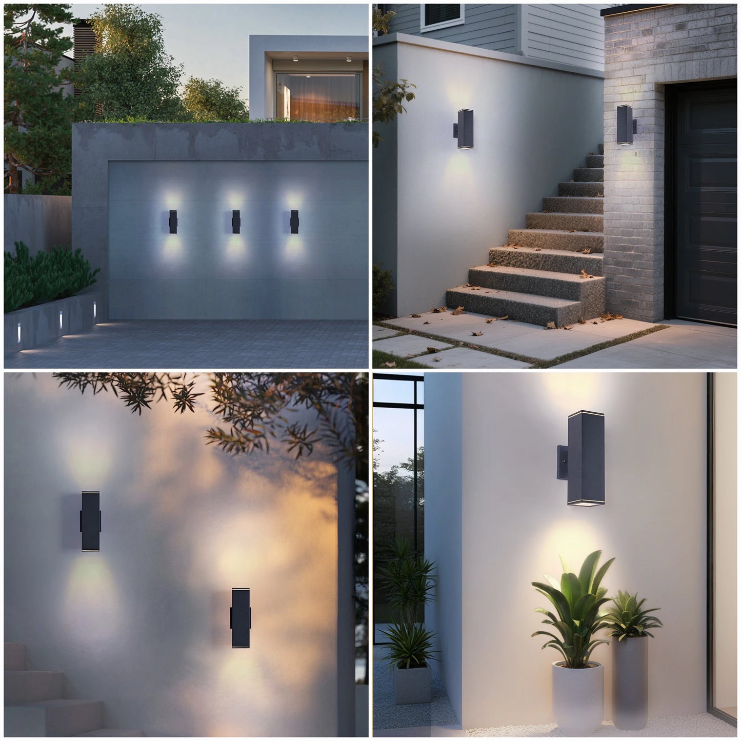 2 Pack Rectangular Outdoor Wall Light - Dual E26 Base, Sand Black Aluminum & Tempered Glass All-Weather Sconce for Garden