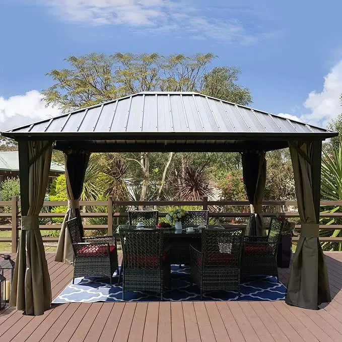 10'x12' Hardtop Gazebo,with with 2-Layer Sidewalls Curtains for Patio, Backyard, Permanent Metal Pavilion