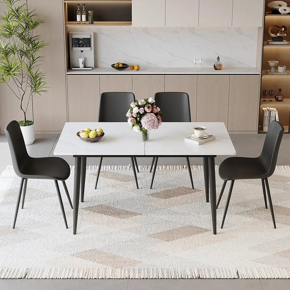 5 Piece Dining Table Set, 59"-75" Extendable Dining Room Table Set with 4 Upholstered Chairs, White Kitchen Table, Customized