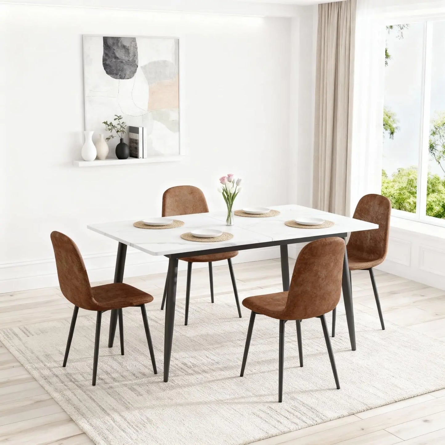 5 Piece Dining Table Set, 59"-75" Extendable Dining Room Table Set with 4 Upholstered Chairs, White Kitchen Table, Customized