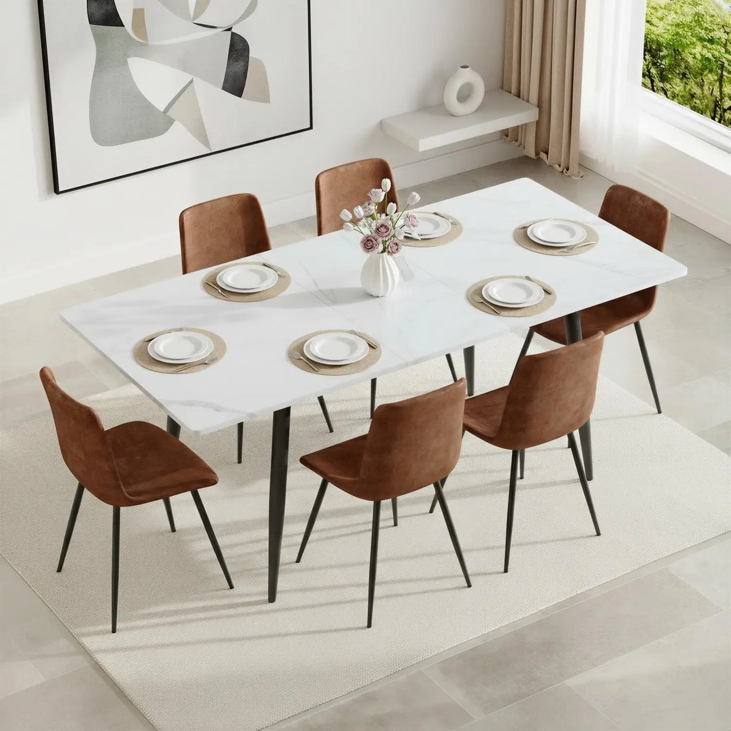 7 Piece Dining Table Set, 59"-75" Extendable Dining Room Table Set with 6 Upholstered Chairs, White Kitchen Table, Customized