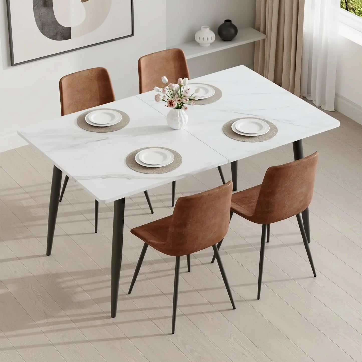 5 Piece Dining Table Set, 59"-75" Extendable Dining Room Table Set with 4 Upholstered Chairs, White Kitchen Table, Customized