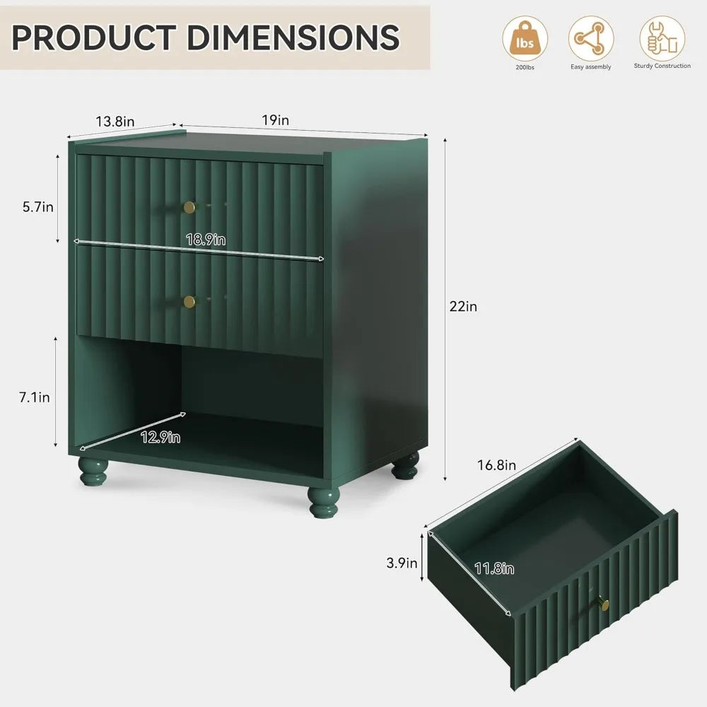 Modern Nightstand Set of 2, Fluted End Table with Open Shelf, Night Stand with 2 Drawers for Bedroom (Green), Customized