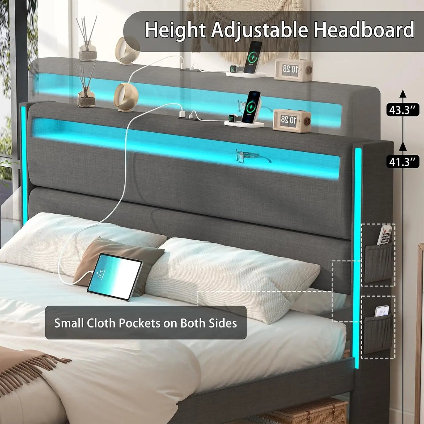 King Size Platform Bed with LED Lights, USB Charging & Adjustable Headboard - Dark Grey, No Box Spring Needed