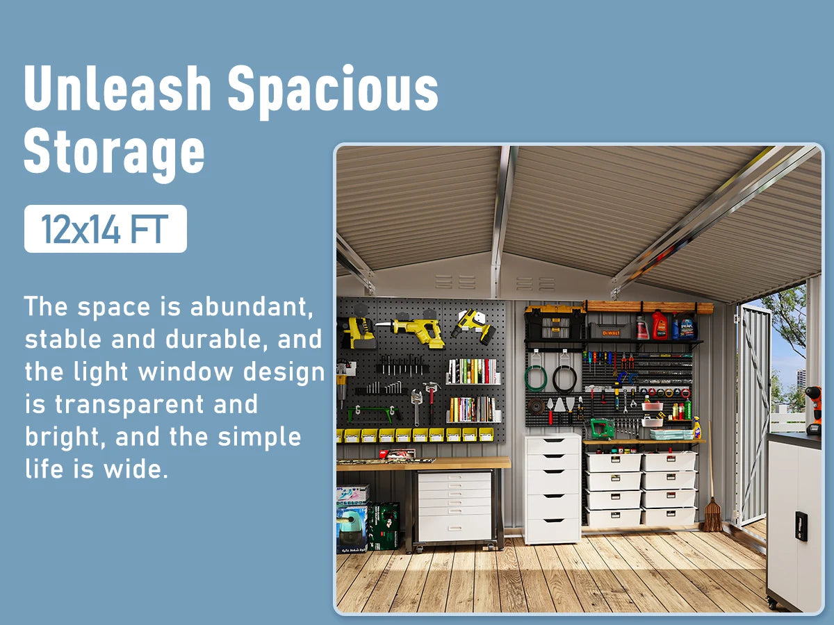 VIWAT 10x12~12x14 FT Outdoor Metal Storage Shed with Window, Lockable Garden Tool Shed, Heavy-Duty Frame, Backyard Patio Black