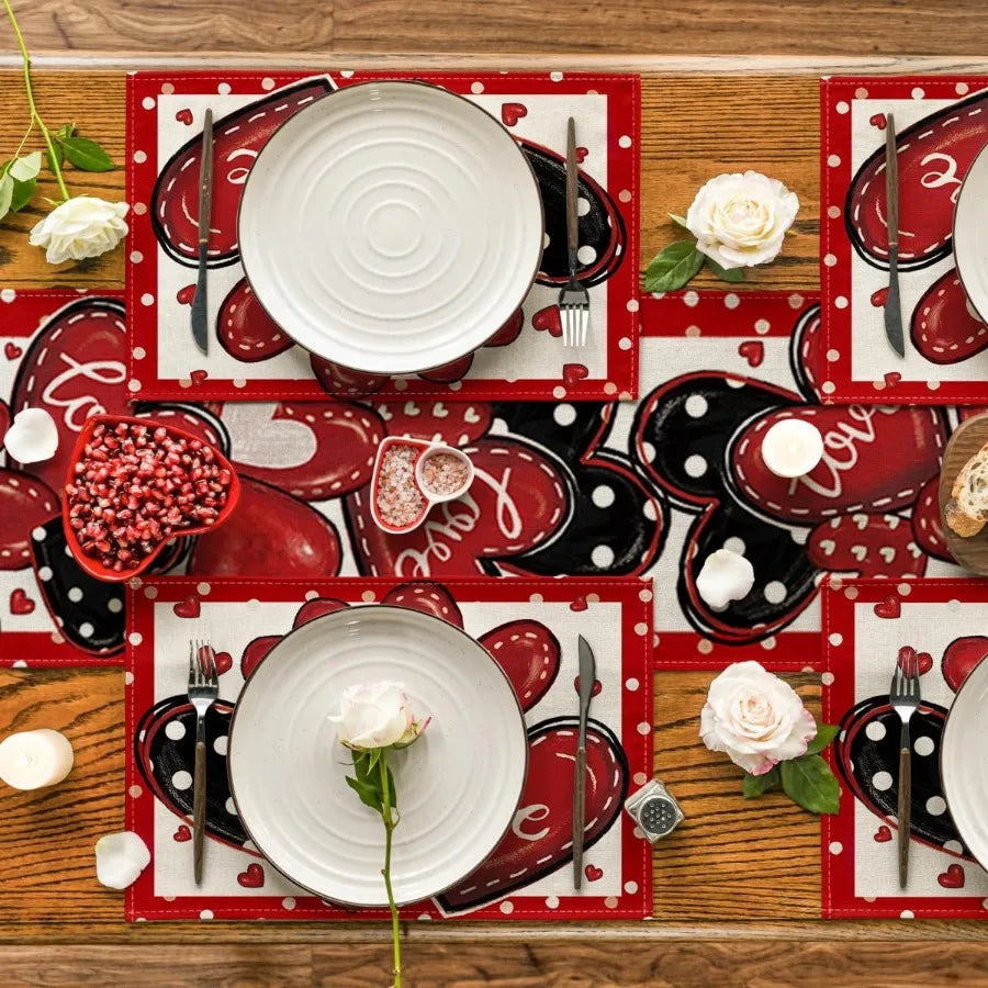 Red Dot Heart Love Valentine Placemats Set of 4 12x18 Ih Wedding Anniversary Table Mats for Party Kitchen Dining Decoration