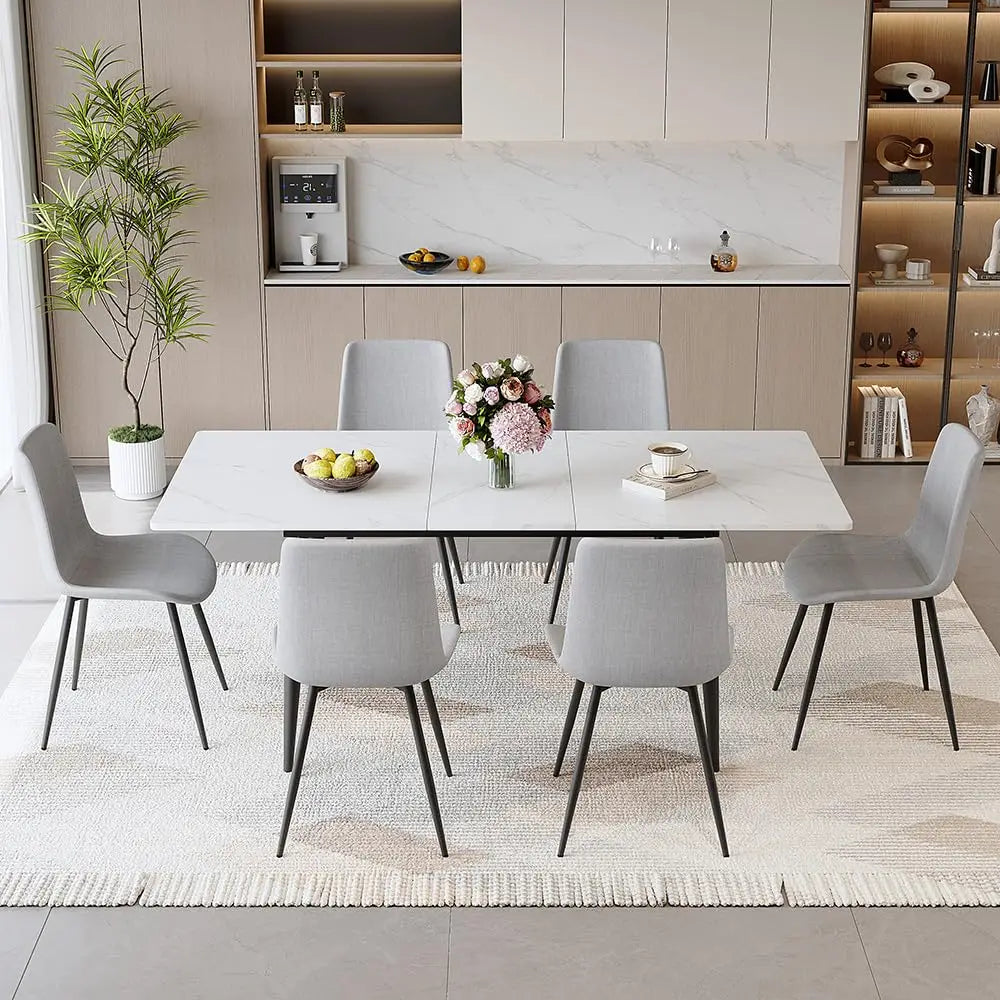 7 Piece Dining Table Set, 59"-75" Extendable Dining Room Table Set with 6 Upholstered Chairs, White Kitchen Table, Customized