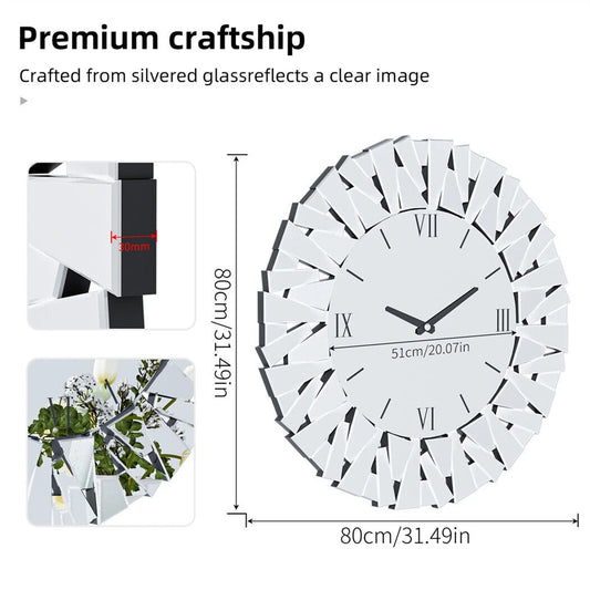 Large Wall Clock 3D Mirrored Clocks Sunburst Edge 32"/80CM Round Roman Numeral Modern Living Room Dining Room Fireplace Decor