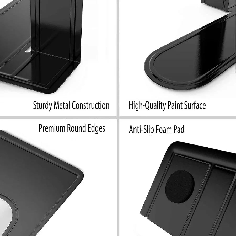 Heavy duty metal bookend supports with modern black finish ideal for home office school and shelf organization; includes 2 pair