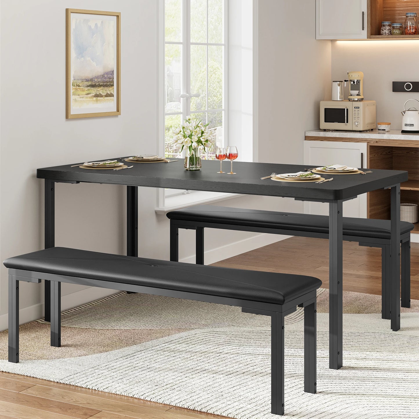 Dining Table Set for 4, Kitchen Table with Benches, Rectangular Dining Room Table Set with 2 Upholstered Benches for Small Space