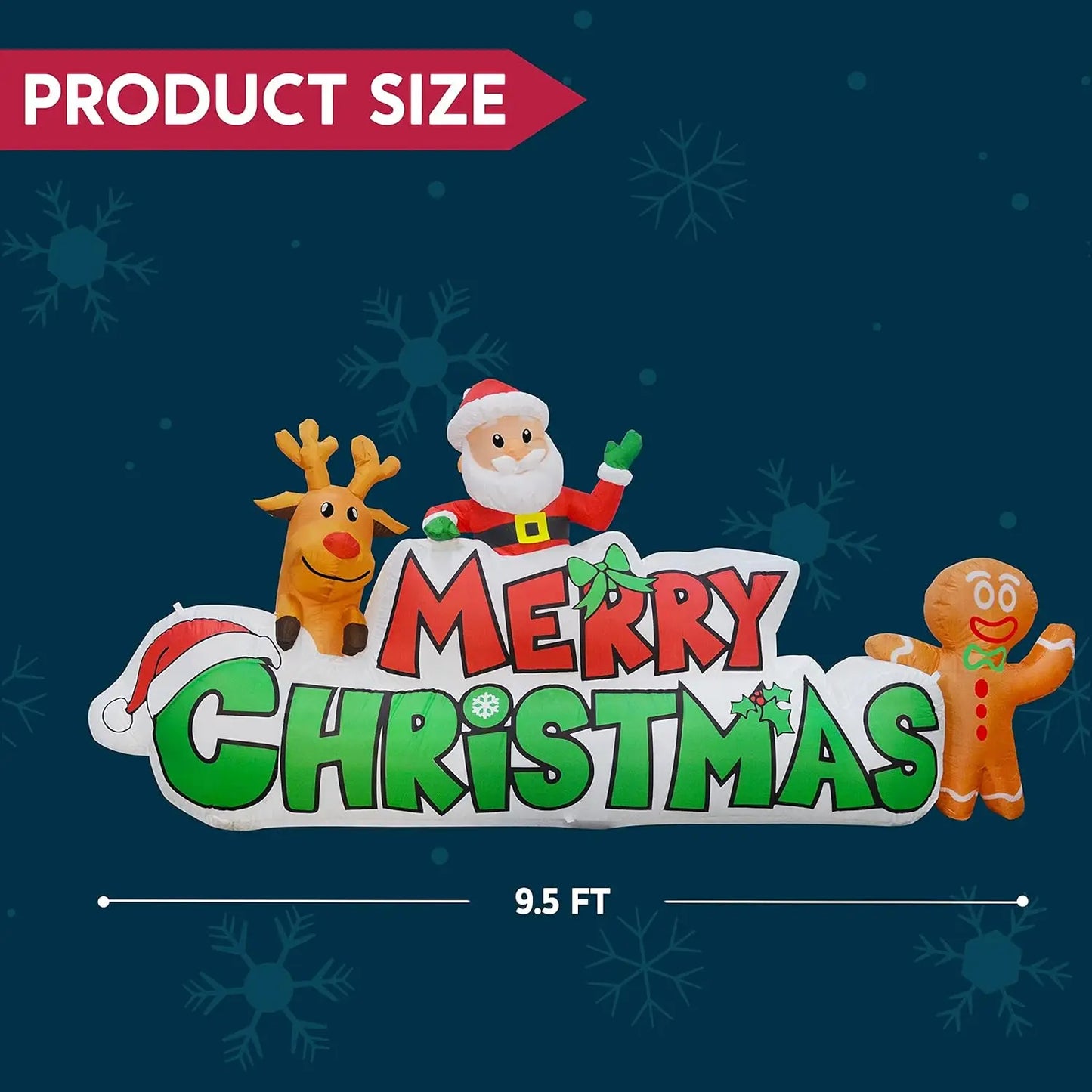 JOYFY 9.5 FT Christmas Inflatable Merry Christmas Sign with Santa Reindeer & Gingerman for Outdoor Yard Decor
