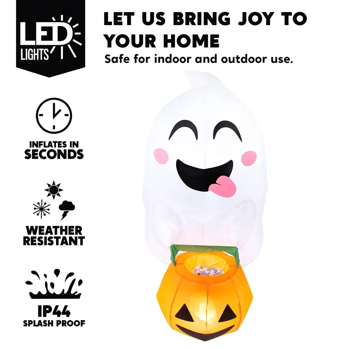 JOYFY 4.5 FT Cute Flying Ghost Halloween Inflatable with Pumpkin Candy Basket Broke for Home Window Decoration Yard
