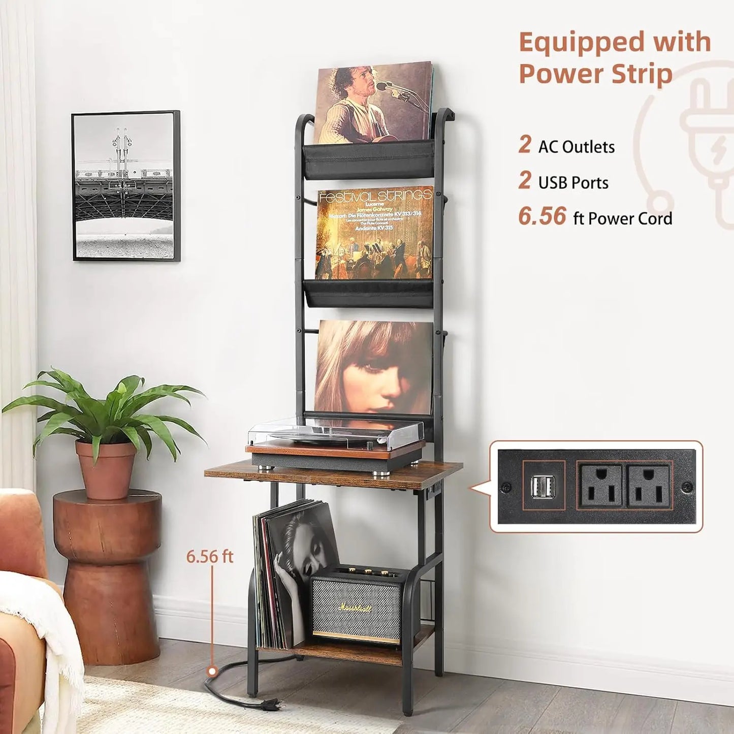 Record Player Stand with Power Outlet, Record Player Table with Vinyl Record Storage up to 200 Albums, Turntable Stand with Reco