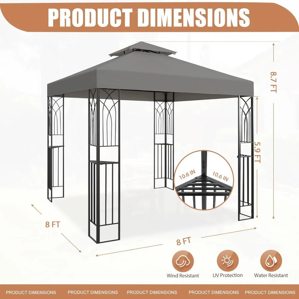 8x8 Outdoor Gazebo Tent with Corner Shelves, Double Roof Patio Paviloin with Soft Fabric Top, Outdoor Sunshelter
