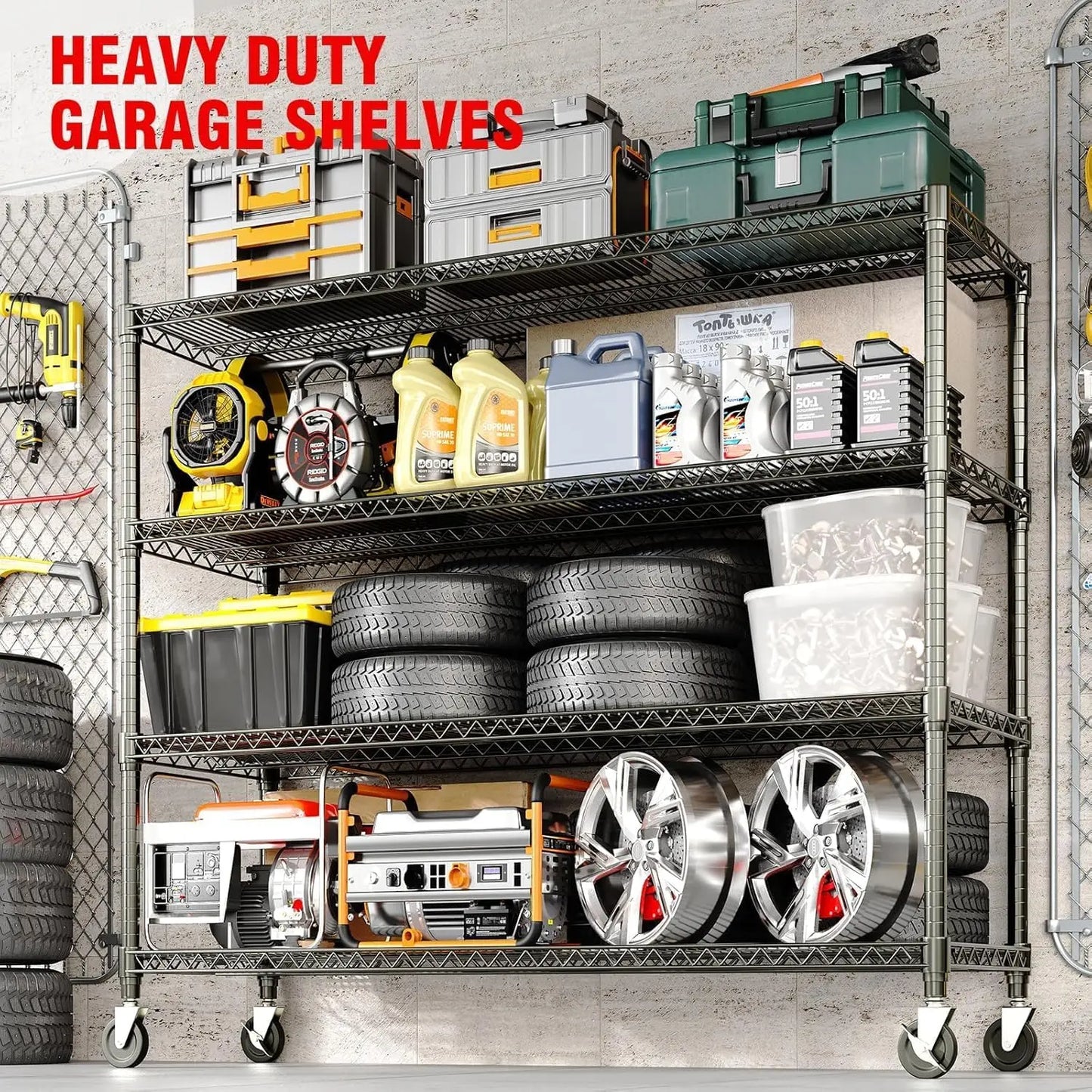 Industrial Storage Shelving Unit with Wheels Wire Shelving Adjustable Metal Pantry Shelves for Garage Kitchen Closet Commercial