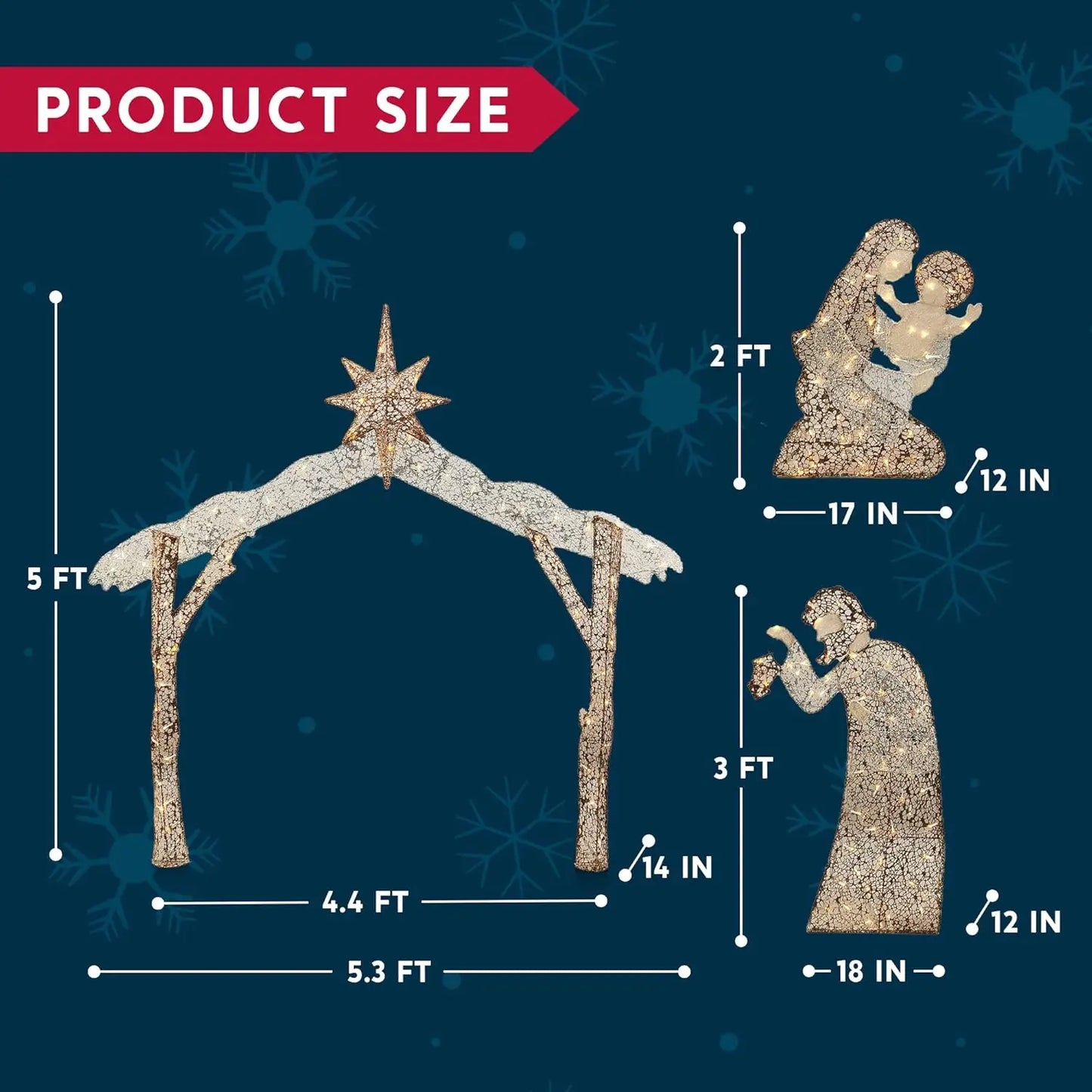 JOYFY 5FT Christmas Nativity Scene Yard Light 160 Pre-Lit LED Warm White Light with Metal Stake for Outdoor Garden Holiday Décor
