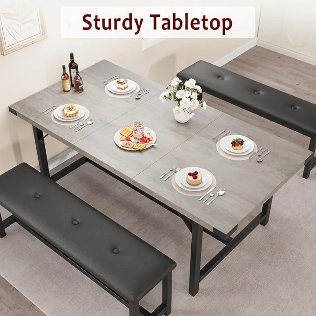 3 Piece Dining Table Set for 4-6, 63" Large Extendable Kitchen Table Sets with 2 Upholstered Benches, Rectangle Table for Kitche