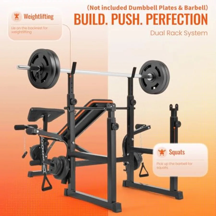 7 In 1 Adjustable Weight Bench Set with Squat Rack and Leg Extension/Curl for Home Gym Black Steel Frame 600LB Weight Capacity