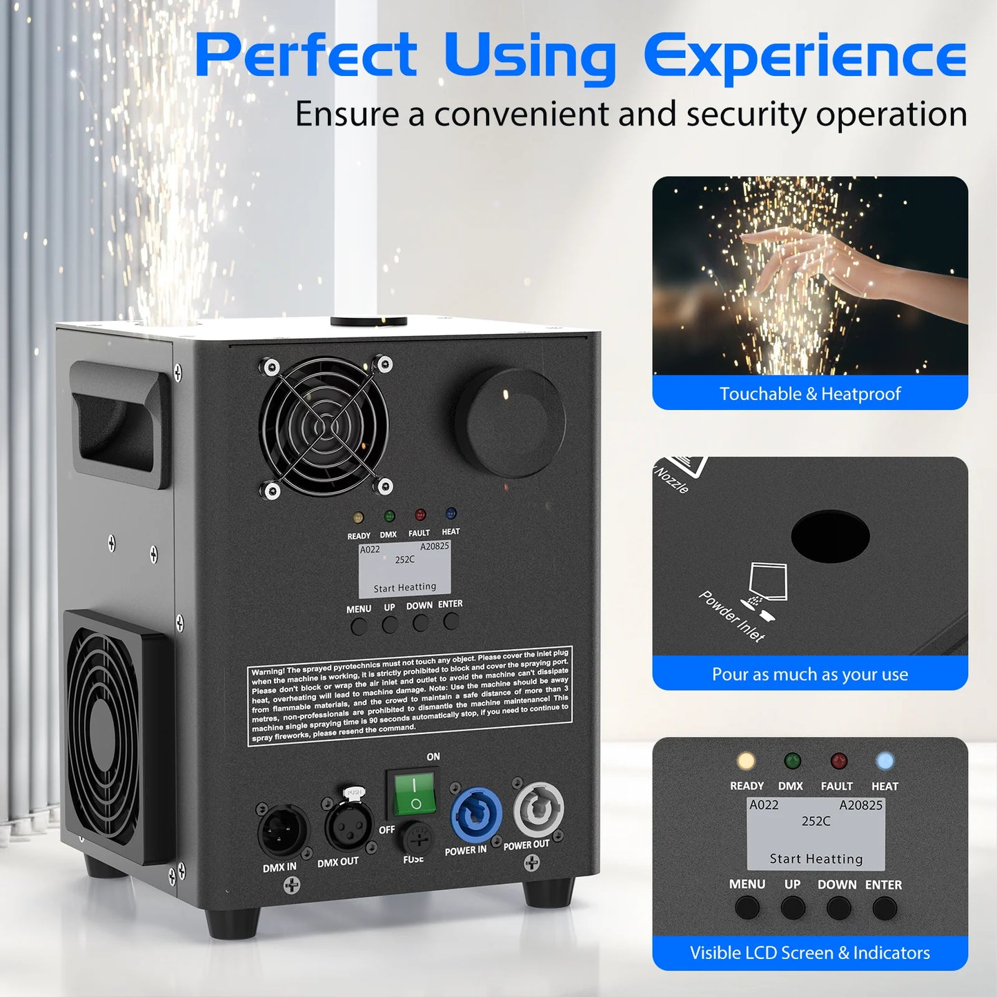 U'King 800W Cold Spark Machine DMX Control Cold Flame Sprayer Black Electronic Spark Machine for DJ Disco Party Stage Equipment