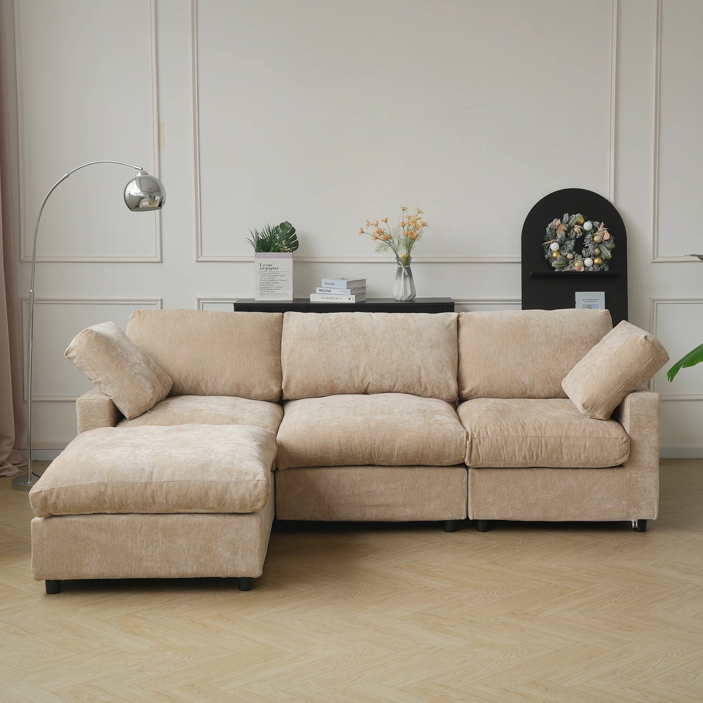 Sdorens Sectional Sofas Modern Cloud Couch Chenille L-shaped Modular Sectional Sofa for Living Room 3 Seats Couch with Ottomans