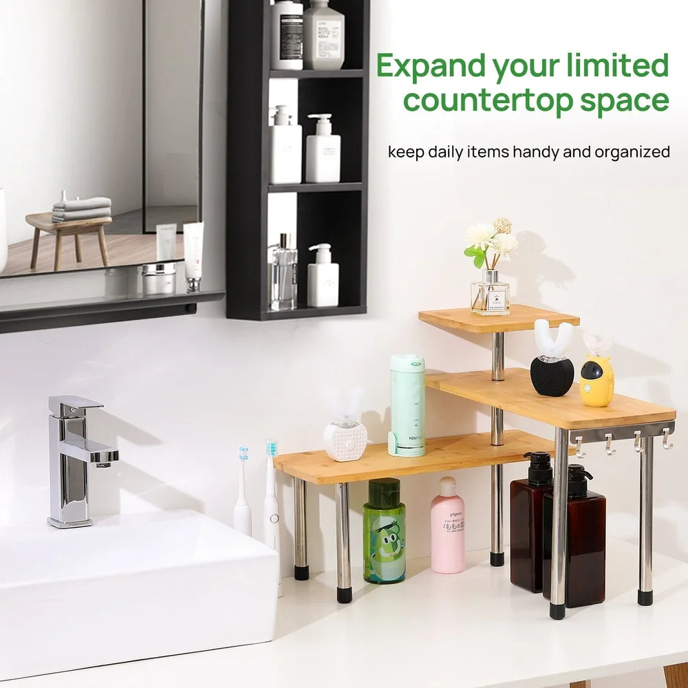 3 Tier Bamboo Corner Shelf Countertop Organizer Storage Display Kitchen Bathroom Office with Hooks Eco-Friendly Design