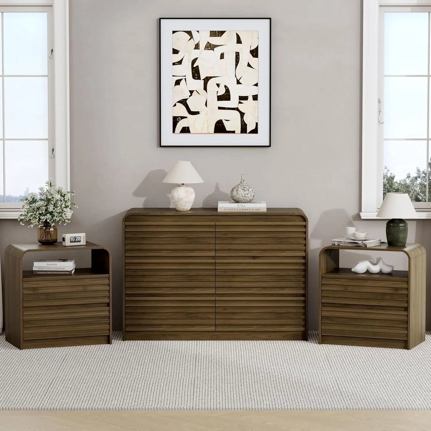 Dresser and Nightstand Sets for Bedroom, 3 Pcs Bedroom Set, Fluted 6 Drawer Dresser with Curved Profile and Night, Customized