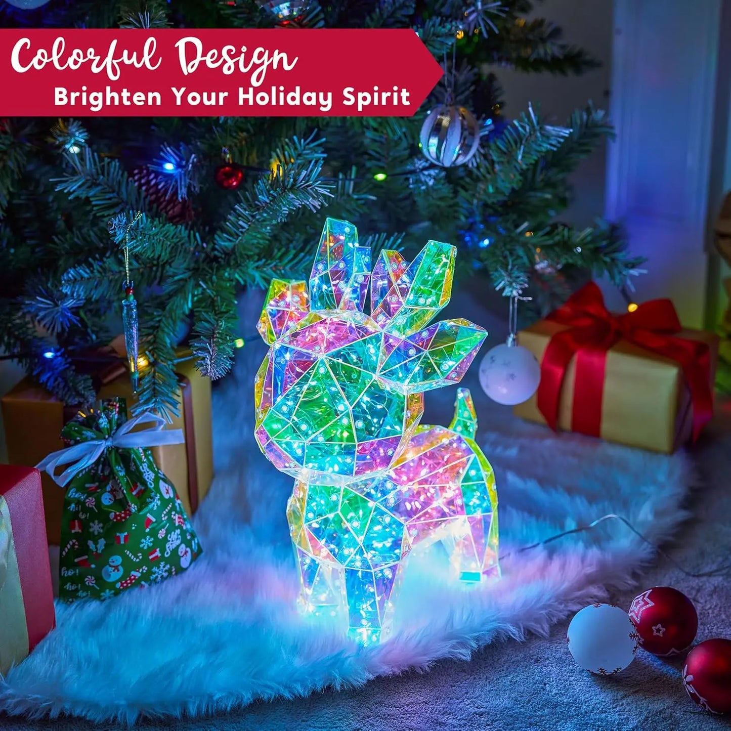 JOYFY 15 in Prismatic Iridescent Reindeer Light Decorations Prismatic Christmas150 LED Lights for Christmas Eve Night Décor