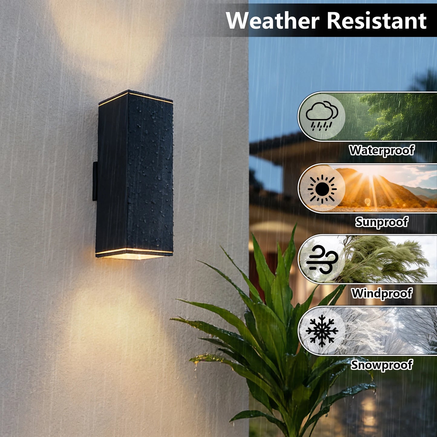 2 Pack Rectangular Outdoor Wall Light - Dual E26 Base, Sand Black Aluminum & Tempered Glass All-Weather Sconce for Garden