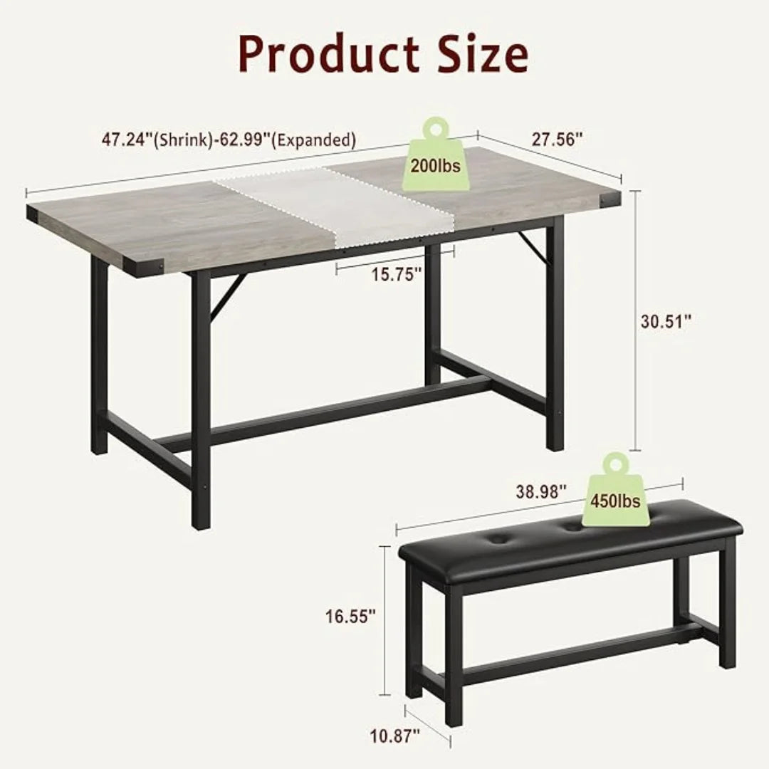 3 Piece Dining Table Set for 4-6, 63" Large Extendable Kitchen Table Sets with 2 Upholstered Benches, Rectangle Table for Kitche