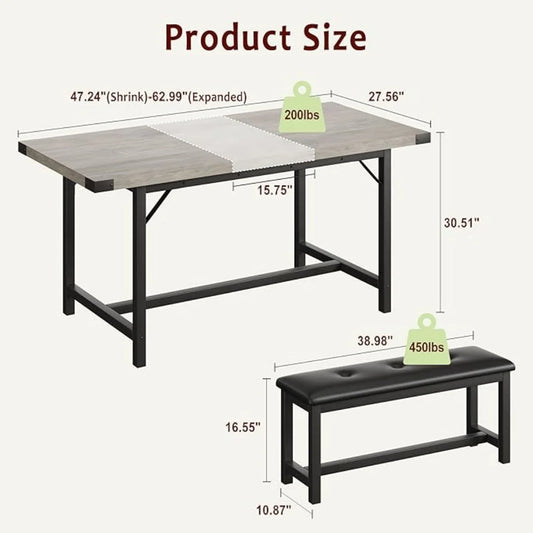 3 Piece Dining Table Set for 4-6, 63" Large Extendable Kitchen Table Sets with 2 Upholstered Benches, Rectangle Table for Kitche