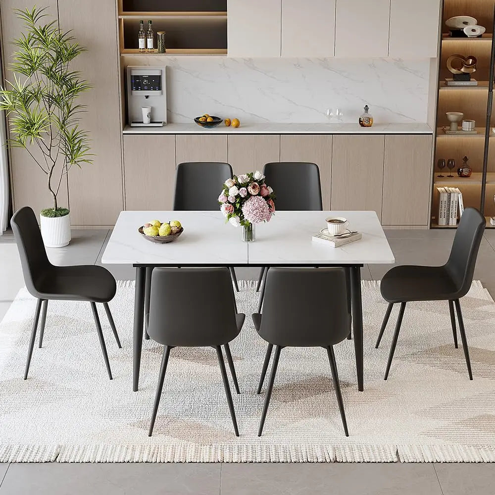 7 Piece Dining Table Set, 59"-75" Extendable Dining Room Table Set with 6 Upholstered Chairs, White Kitchen Table, Customized