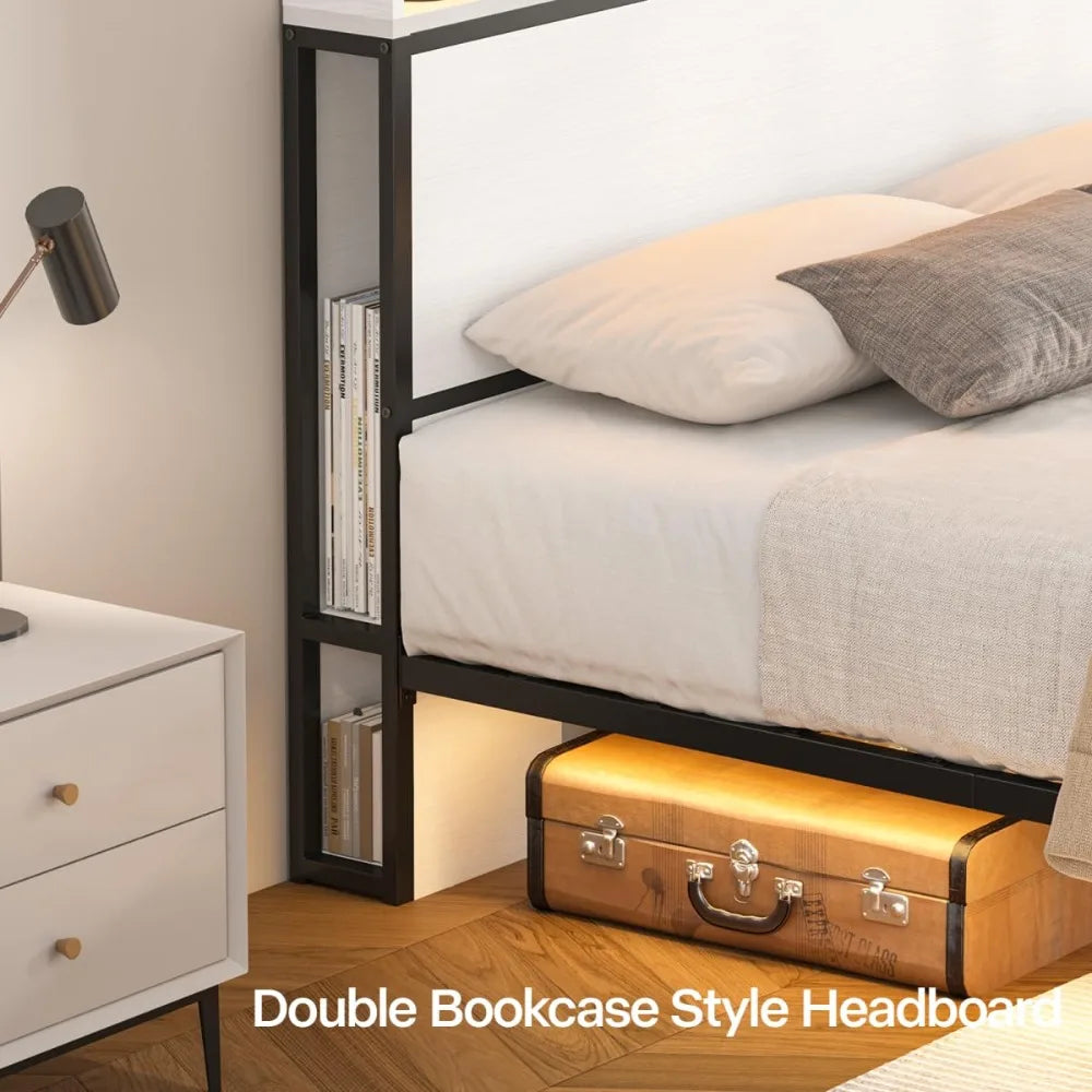 Queen Bed Frame with Tall Headboard and LED Lights, 51.2" Bookcase Bed Frame Queen Size with Storage Drawers and, Customized