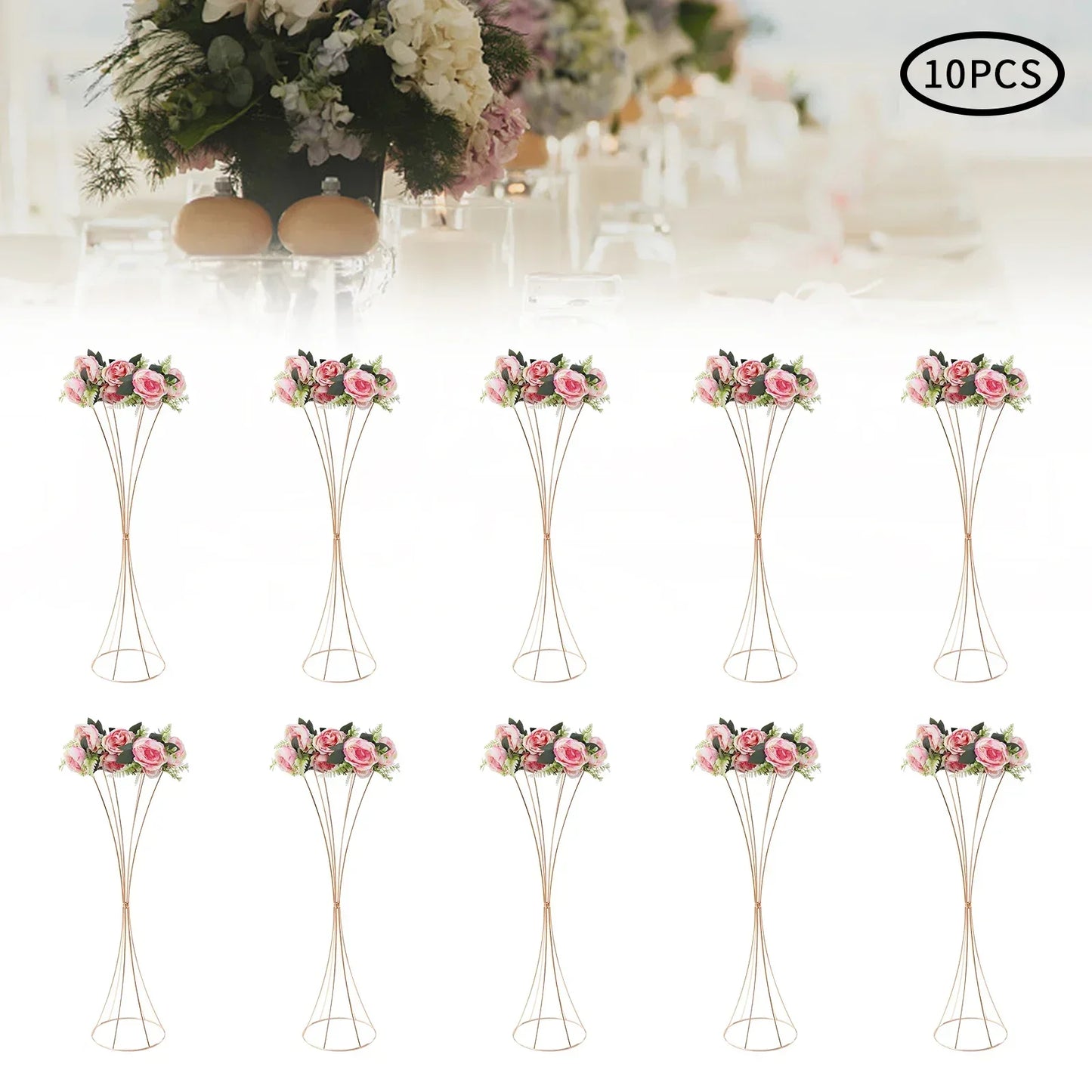 Set of 10 Gold Trumpet Vases,31.5 inches,Stackable Metal Flower Stands,DIY Floral Arrangements,Wedding Party&Dinner Decorations
