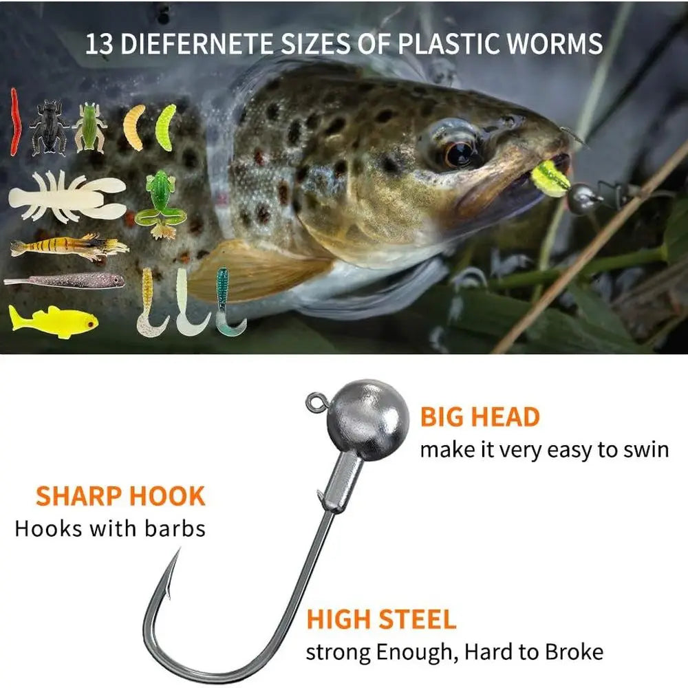 Freshwater Fishing Kit: Bass, Trout, Salmon Lures with Spoons, Soft Worms, Tackle Box for Men