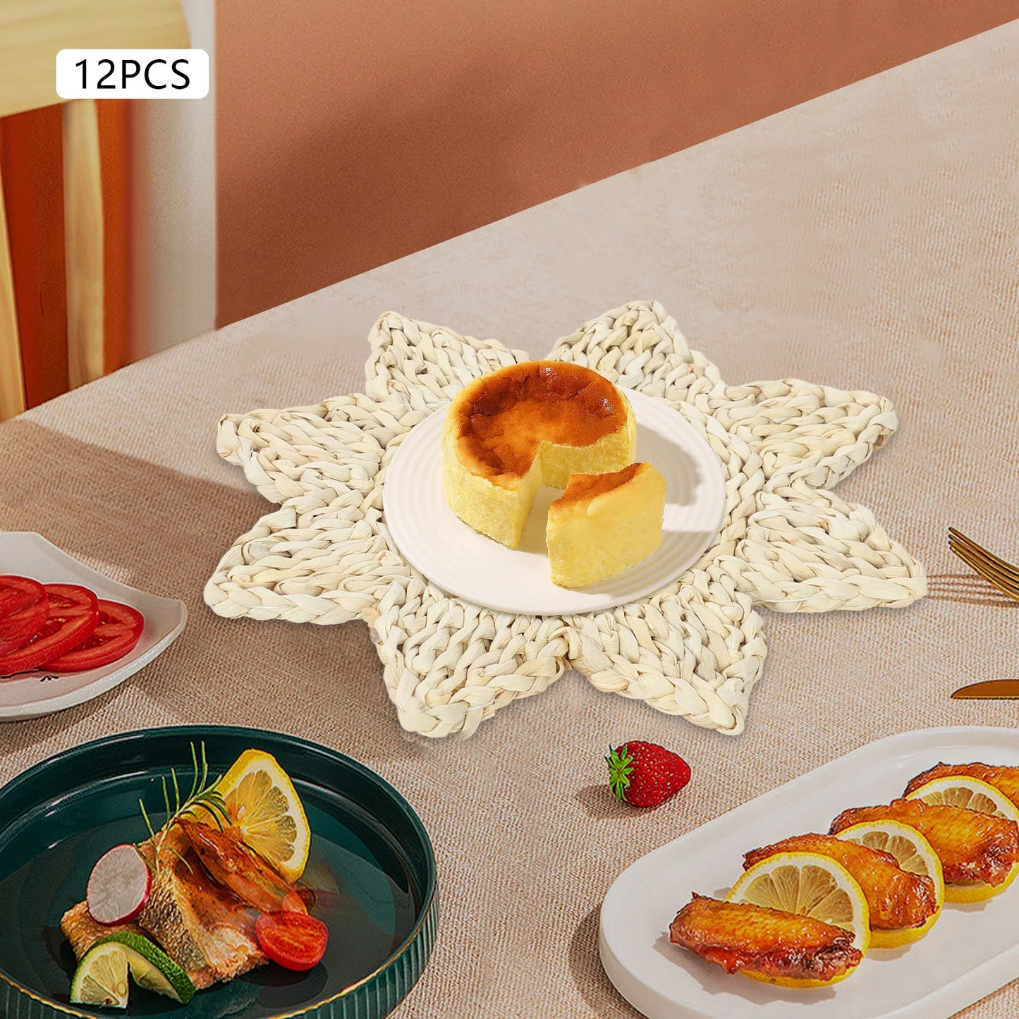 12 Pack Round Woven Placemats Heat Resistant Table Mats Natural Corn Husk Dining Tableware Place Settings for Home Restaurant