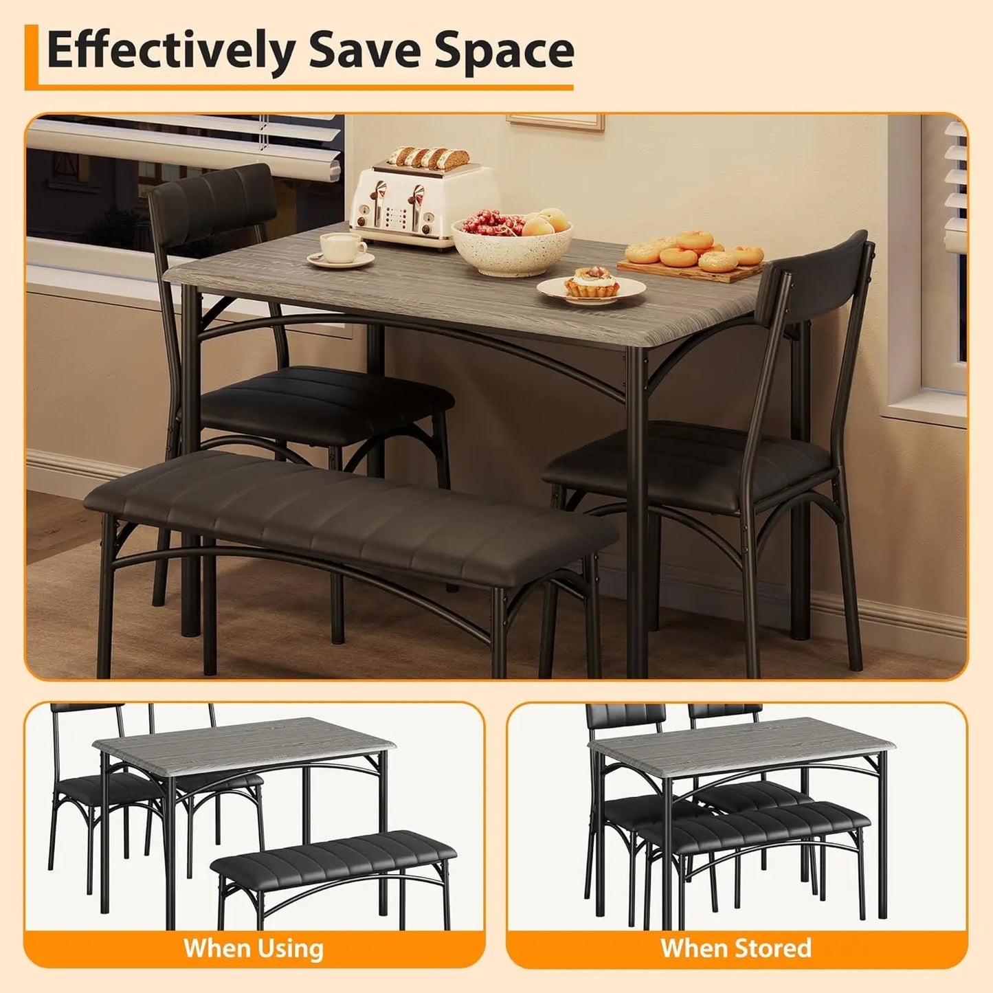 Dining Table Set for 4 with Upholstered Bench and 2 Chairs, Kitchen Table and Chairs for 4, for Small Space, Apartment, Dinner,R