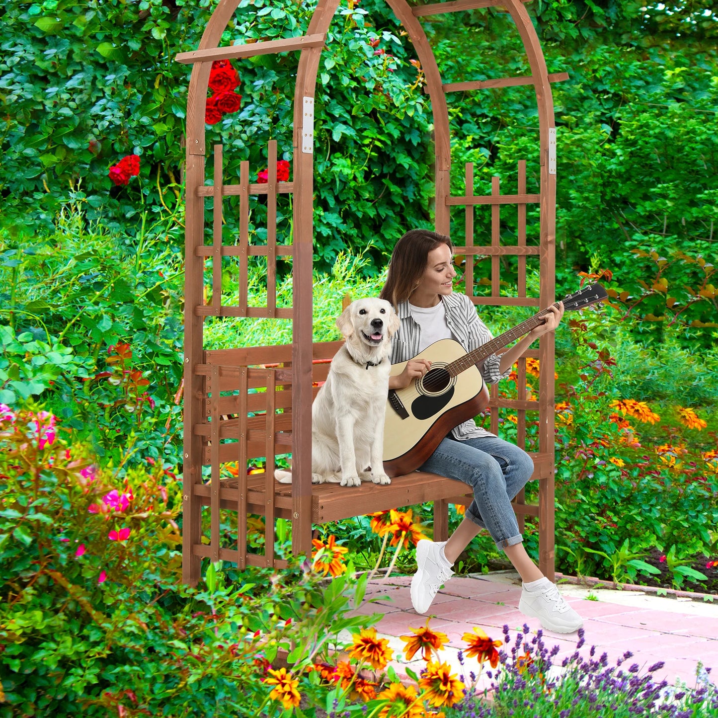 6.8ft Wooden Arch with Bench, Garden Trellis for Climbing Plants, Outdoor Garden Lawn Backyard Patio Decor, Dark Brown