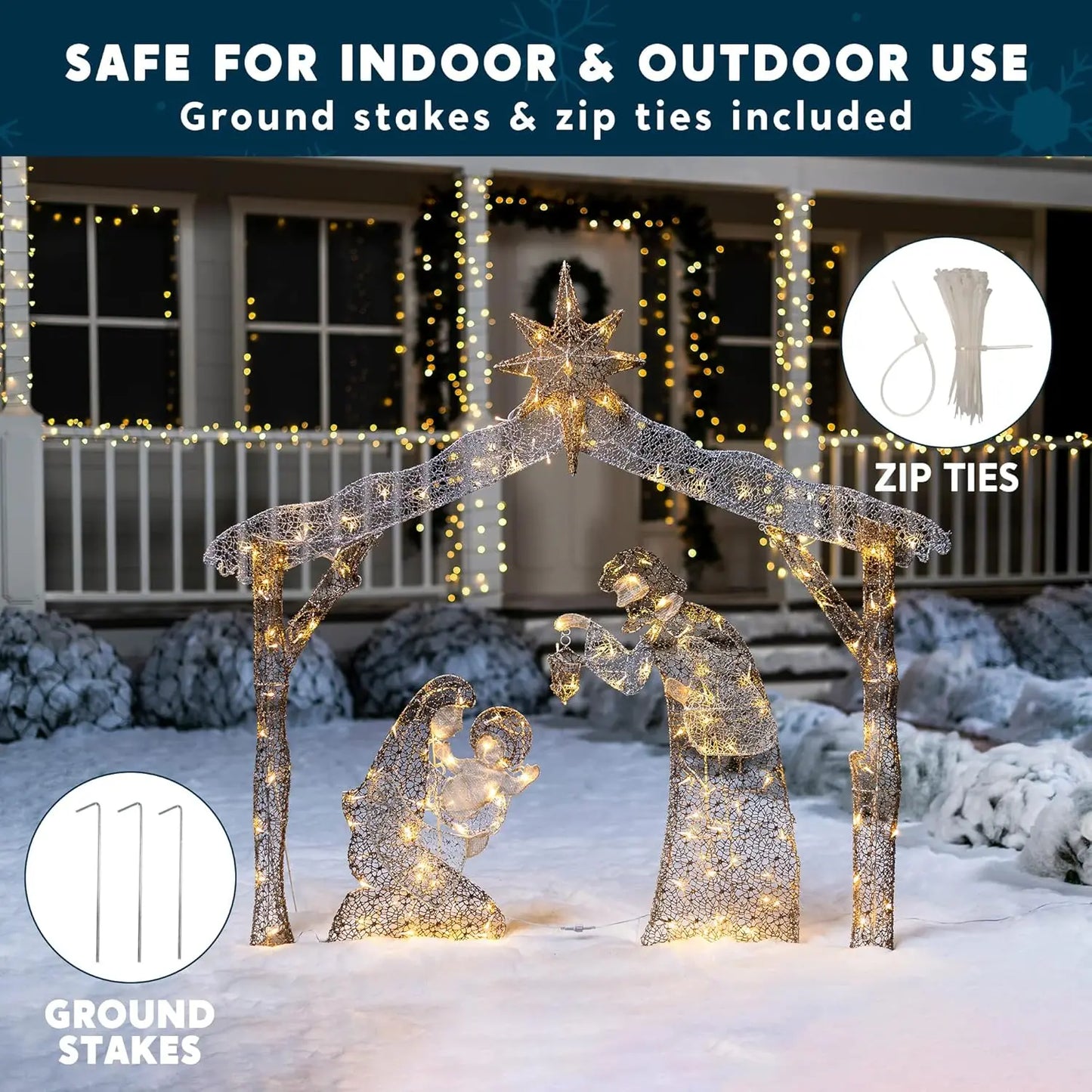JOYFY 5FT Christmas Nativity Scene Yard Light 160 Pre-Lit LED Warm White Light with Metal Stake for Outdoor Garden Holiday Décor