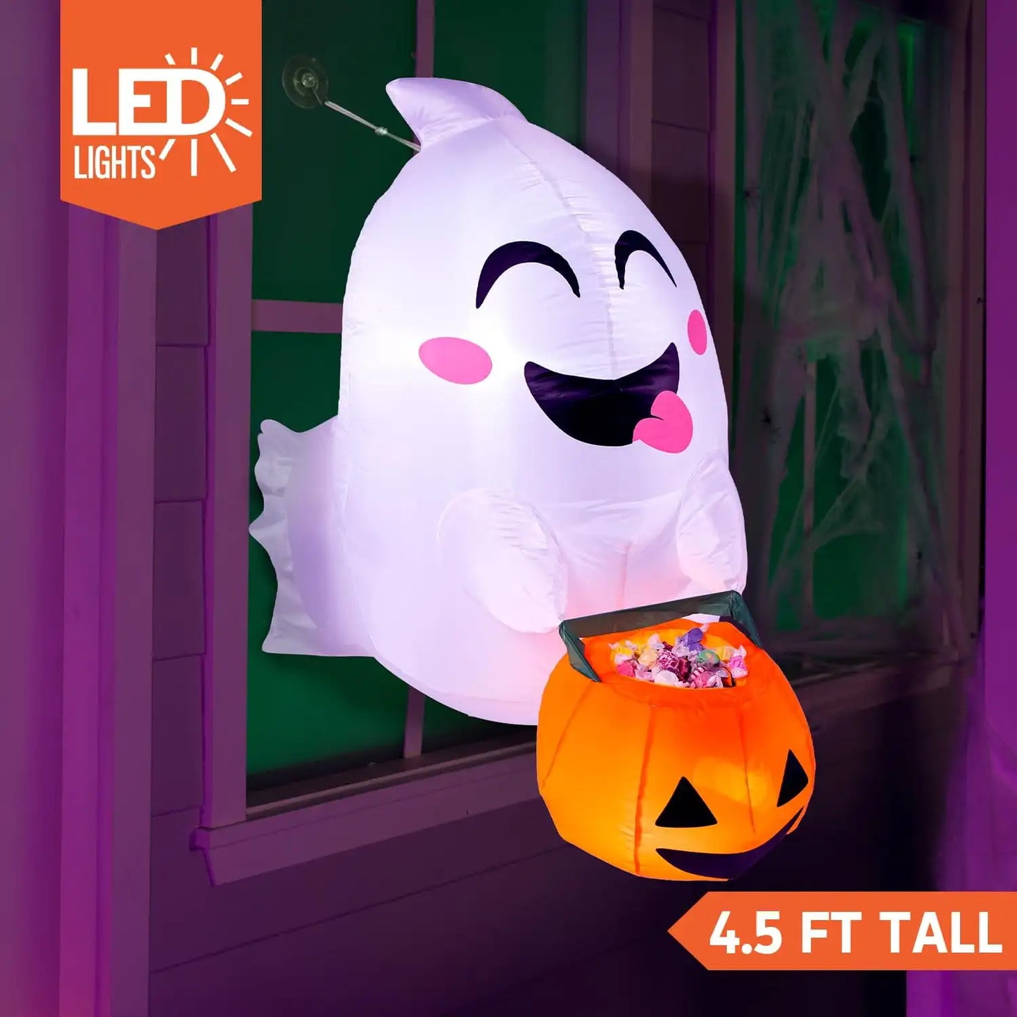 JOYFY 4.5 FT Cute Flying Ghost Halloween Inflatable with Pumpkin Candy Basket Broke for Home Window Decoration Yard