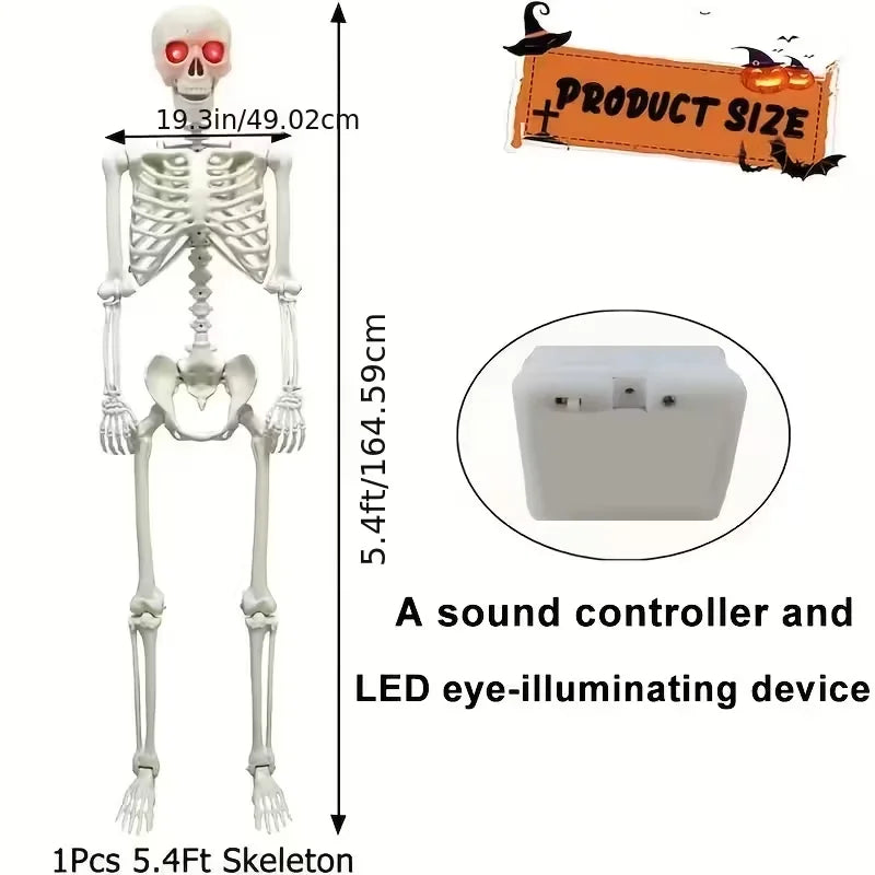 5.6 Feet DIY Voice-Activated Glowing Skeleton, with Glowing Eyes and Voice-Activated Sensors, Scary Sounds, Adjustable into Various Poses, Suitable for Indoor and Outdoor Use, Halloween, Day of the Dead Decorations