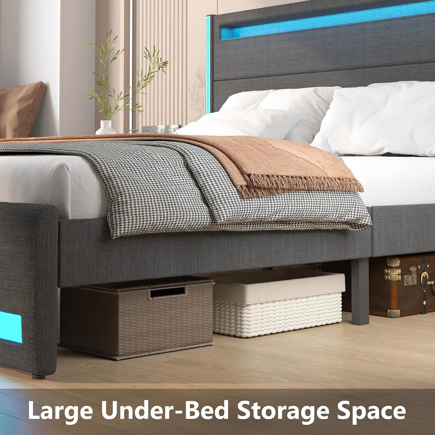 King Size Platform Bed with LED Lights, USB Charging & Adjustable Headboard - Dark Grey, No Box Spring Needed
