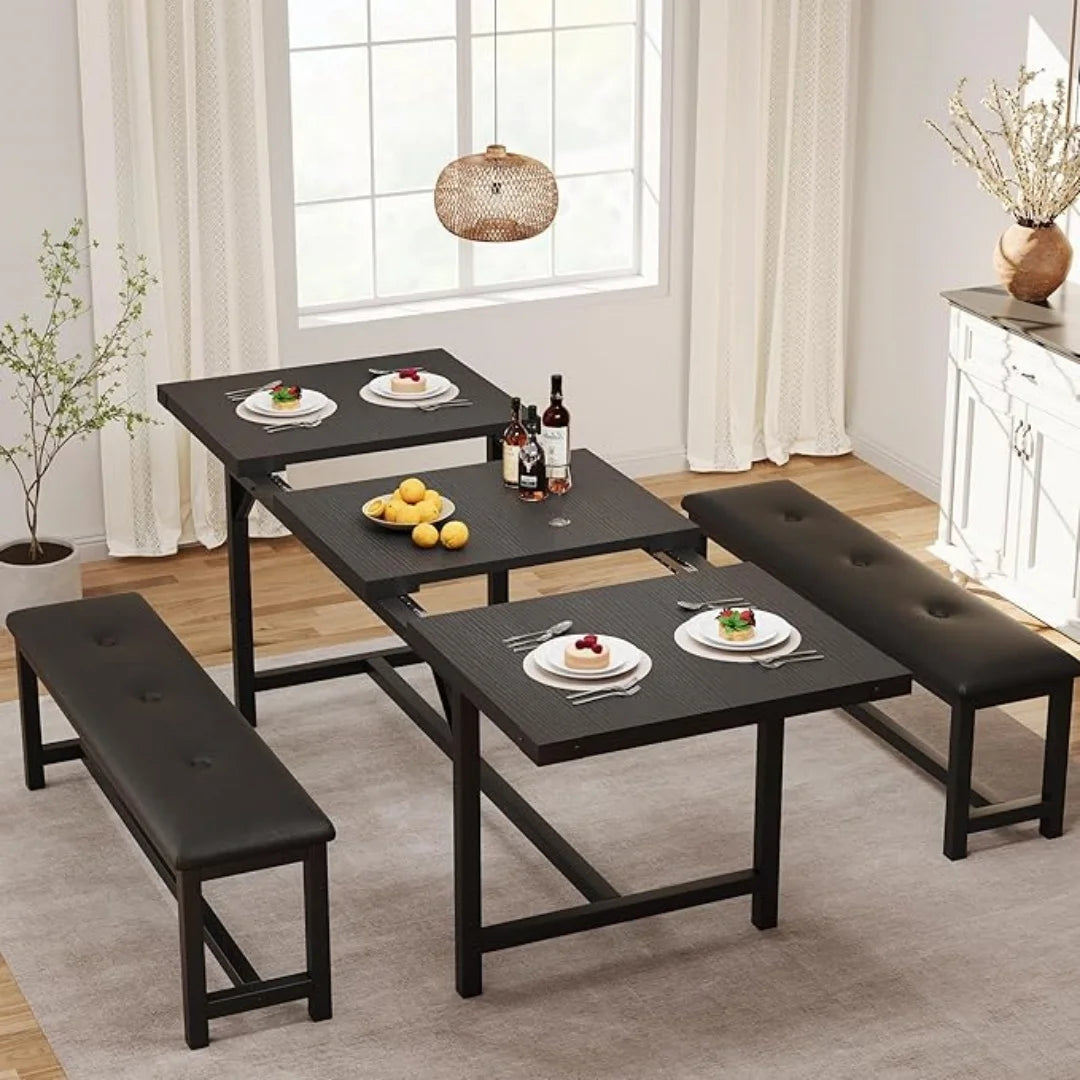 3 Piece Dining Table Set for 4-6, 63" Large Extendable Kitchen Table Sets with 2 Upholstered Benches, Rectangle Table for Kitche