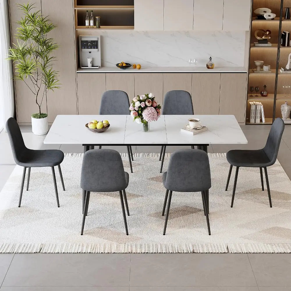 7 Piece Dining Table Set, 59"-75" Extendable Dining Room Table Set with 6 Upholstered Chairs, White Kitchen Table, Customized