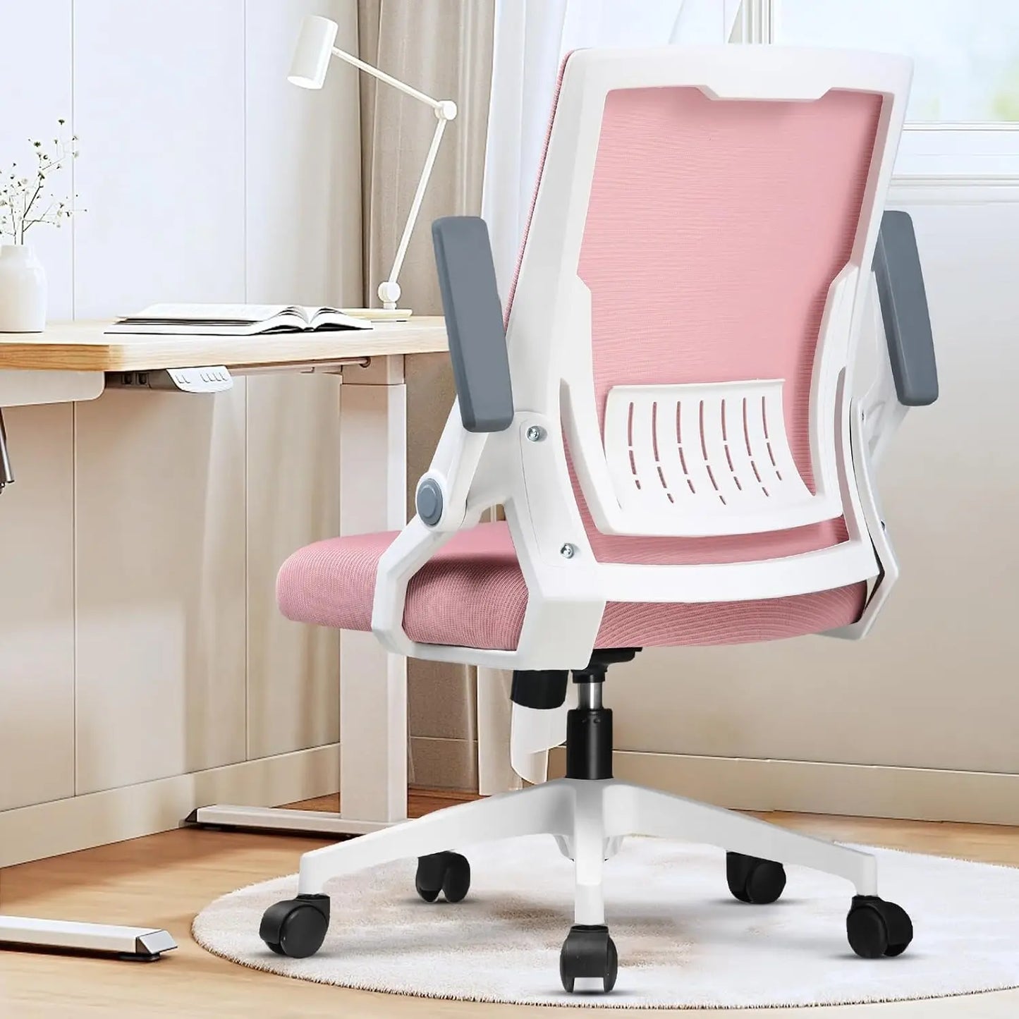 Ergonomic Office Chair with Flip-up Armrests, Breathable Mesh & Lumbar Support in Pink
