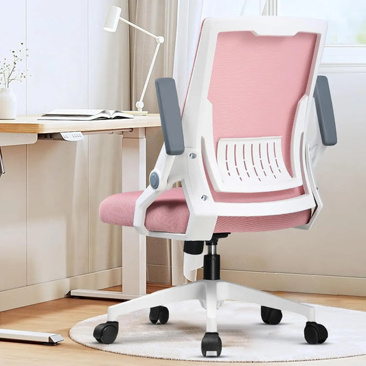 Ergonomic Office Chair with Flip-up Armrests, Breathable Mesh & Lumbar Support in Pink
