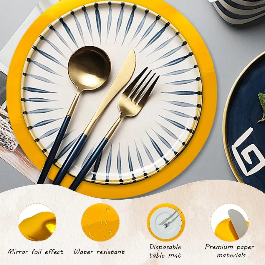 15 Pcs Gold Paper Placemats 13'' Disposable Placemats for Dining Table Heavyweight Sparkle Decorative Round Place Mats for Birt