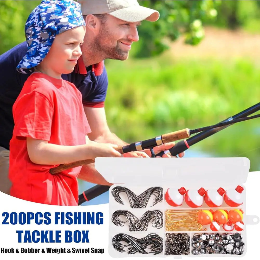Essential 200-Piece Fishing Kit: Hooks, Bobbers, Tackle for Freshwater Fishing