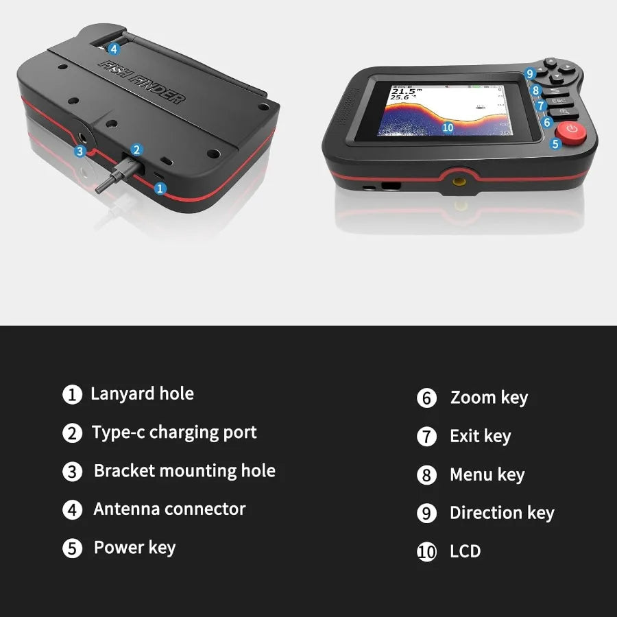 Handheld Fish Finder Portable Fishing Kayak Fishfinder Fish Depth Finder Fishing Gear with Sonar Transducer and LCD Display for